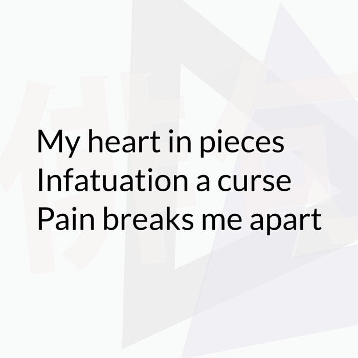 My heart in pieces Infatuation a curse Pain breaks me apart