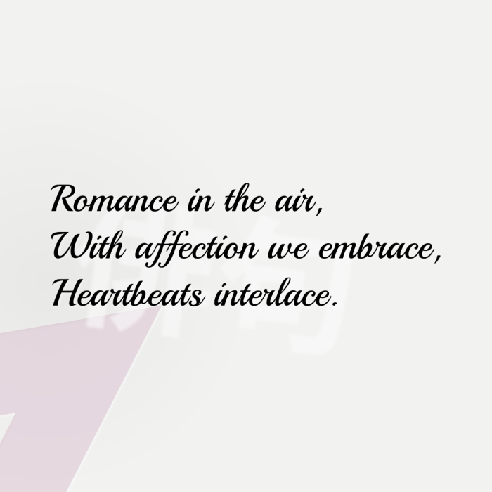 Romance in the air, With affection we embrace, Heartbeats interlace.