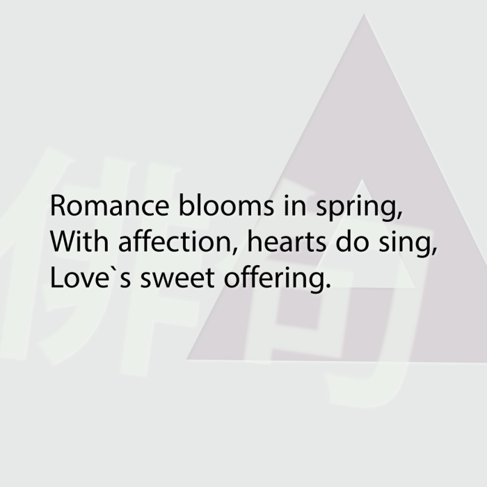 Romance blooms in spring, With affection, hearts do sing, Love`s sweet offering.