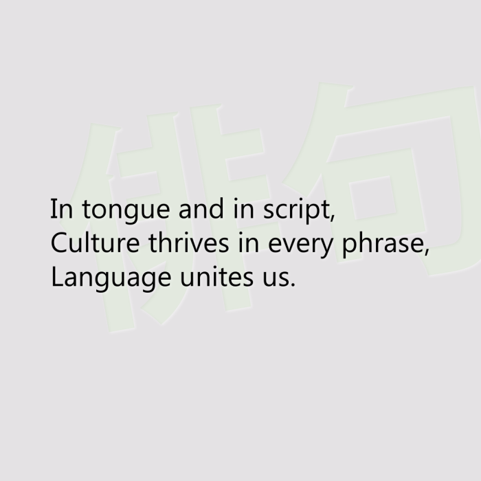 In tongue and in script, Culture thrives in every phrase, Language unites us.