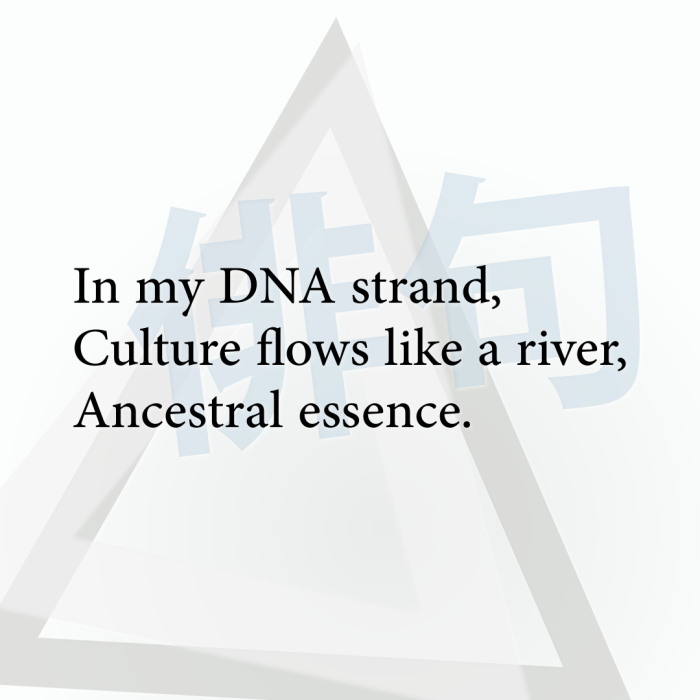 In my DNA strand, Culture flows like a river, Ancestral essence.