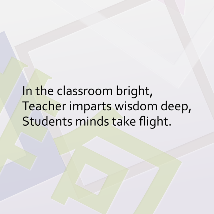 In the classroom bright, Teacher imparts wisdom deep, Students minds take flight.