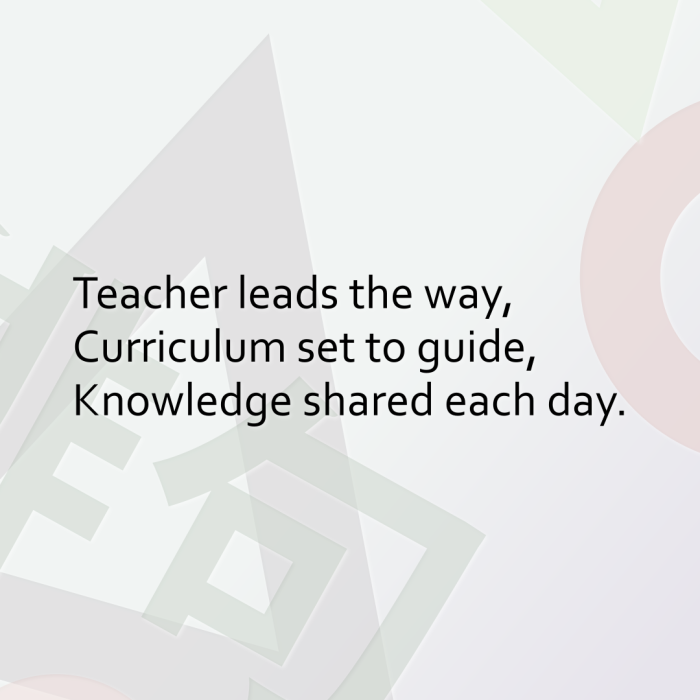 Teacher leads the way, Curriculum set to guide, Knowledge shared each day.