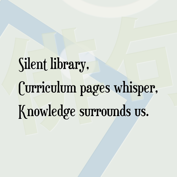 Silent library, Curriculum pages whisper, Knowledge surrounds us.
