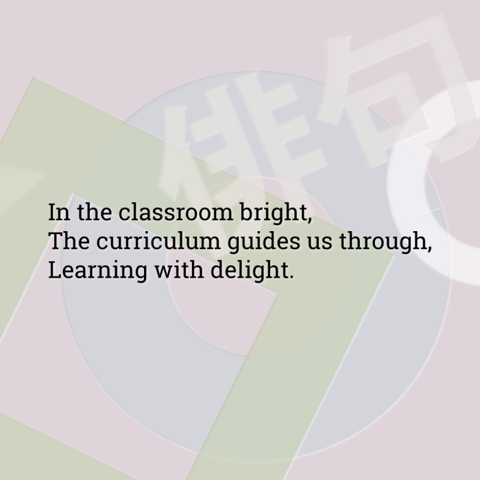 In the classroom bright, The curriculum guides us through, Learning with delight.