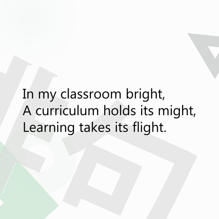 In my classroom bright, A curriculum holds its might, Learning takes its flight.