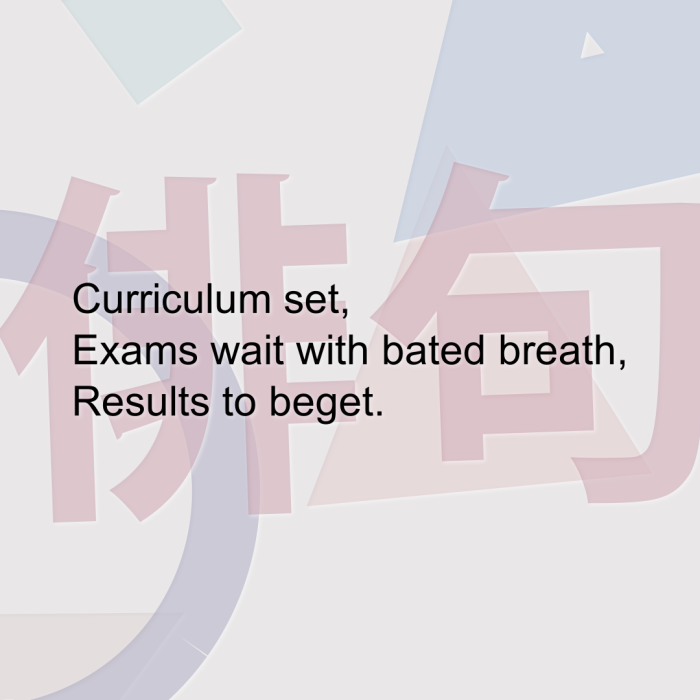 Curriculum set, Exams wait with bated breath, Results to beget.