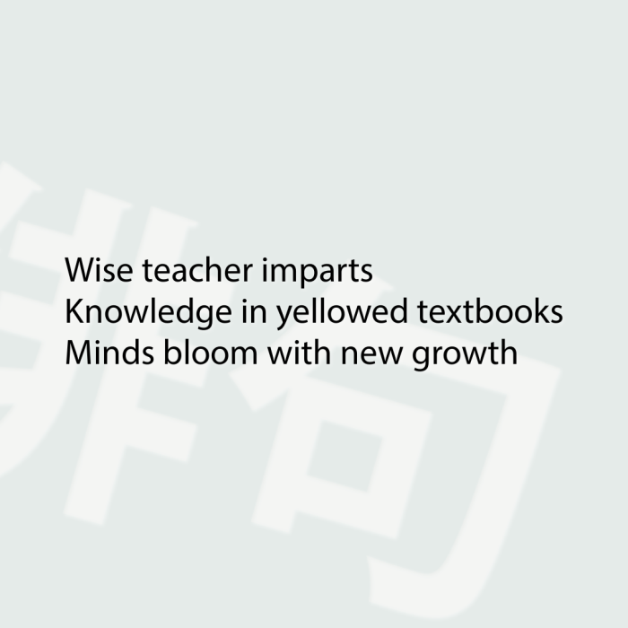 Wise teacher imparts Knowledge in yellowed textbooks Minds bloom with new growth