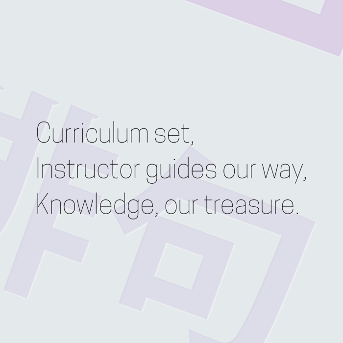 Curriculum set, Instructor guides our way, Knowledge, our treasure.
