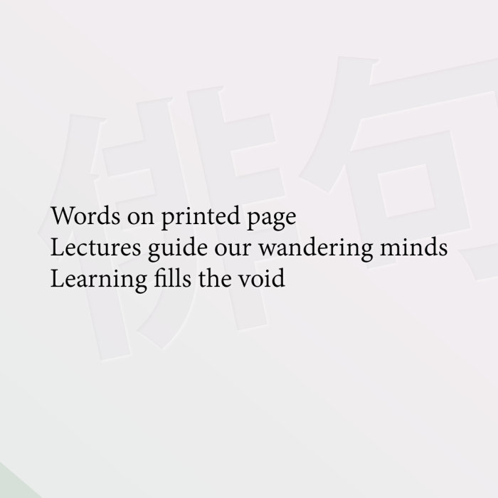 Words on printed page Lectures guide our wandering minds Learning fills the void