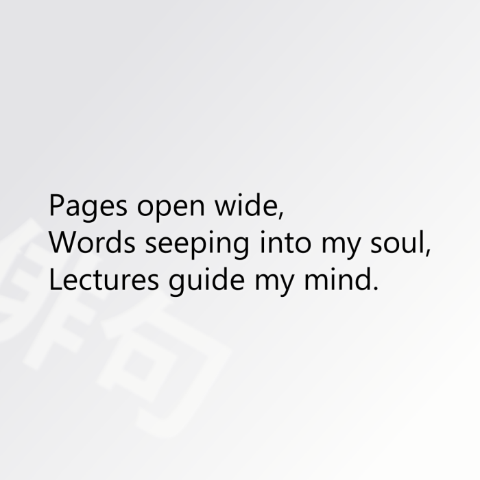 Pages open wide, Words seeping into my soul, Lectures guide my mind.