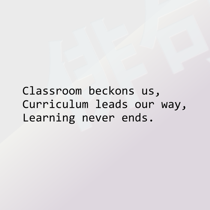 Classroom beckons us, Curriculum leads our way, Learning never ends.