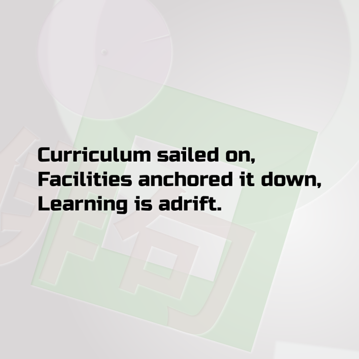Curriculum sailed on, Facilities anchored it down, Learning is adrift.