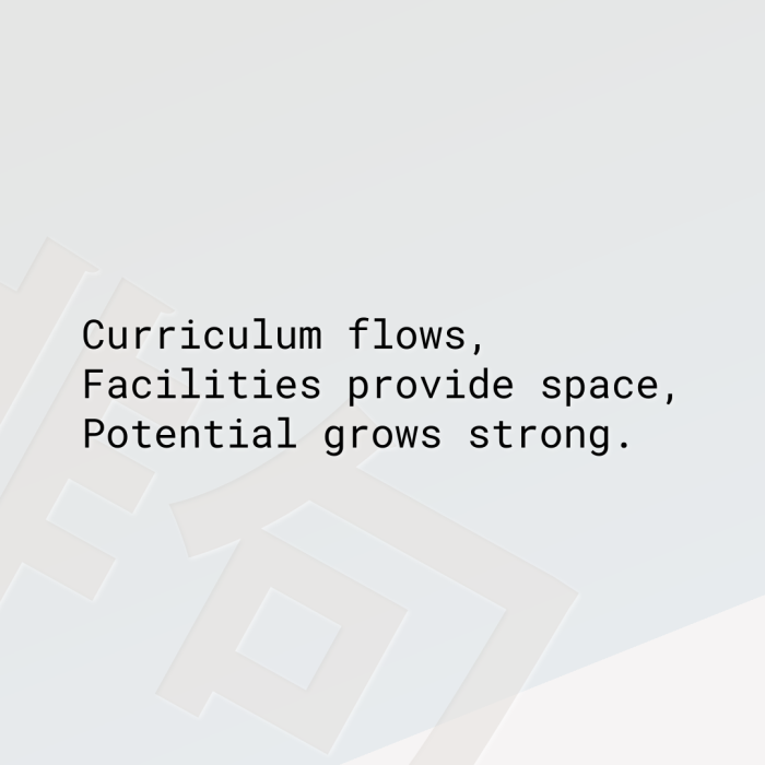 Curriculum flows, Facilities provide space, Potential grows strong.