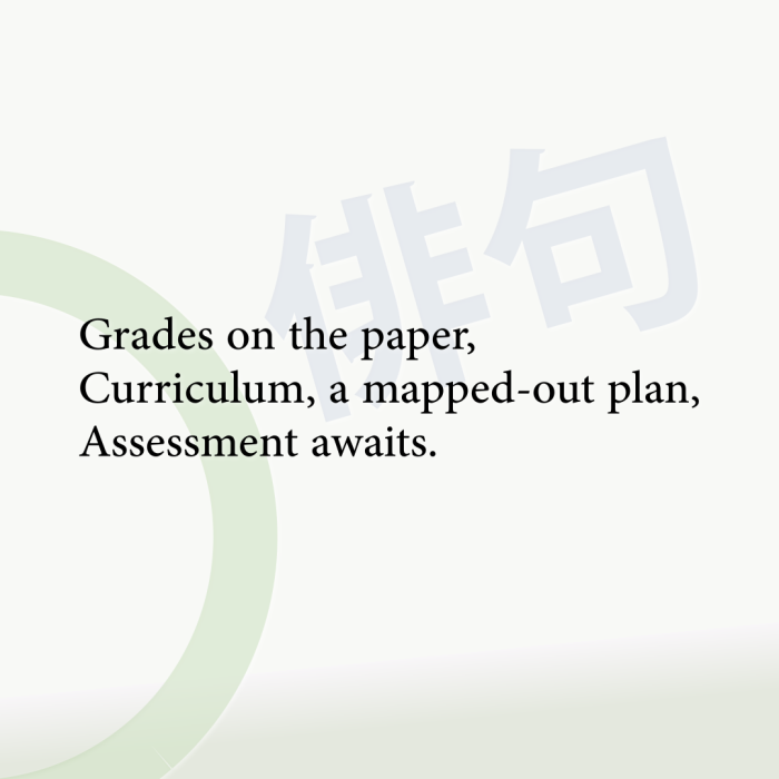 Grades on the paper, Curriculum, a mapped-out plan, Assessment awaits.