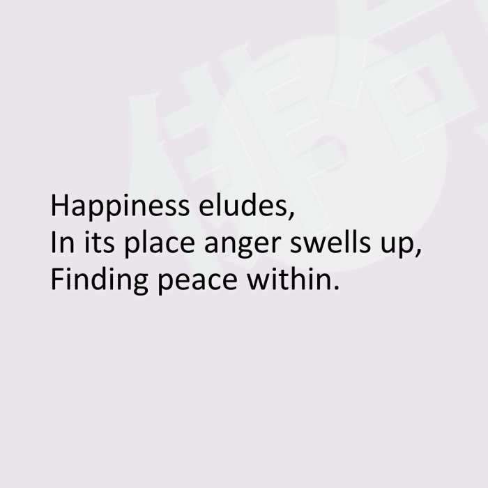 Happiness eludes, In its place anger swells up, Finding peace within.
