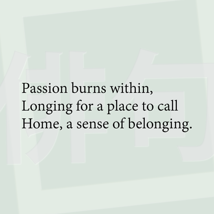 Passion burns within, Longing for a place to call Home, a sense of belonging.