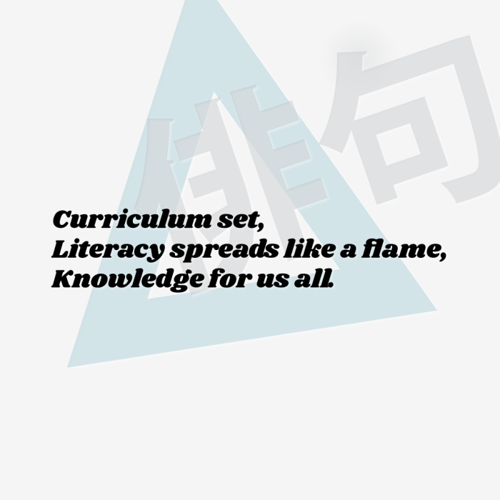 Curriculum set, Literacy spreads like a flame, Knowledge for us all.