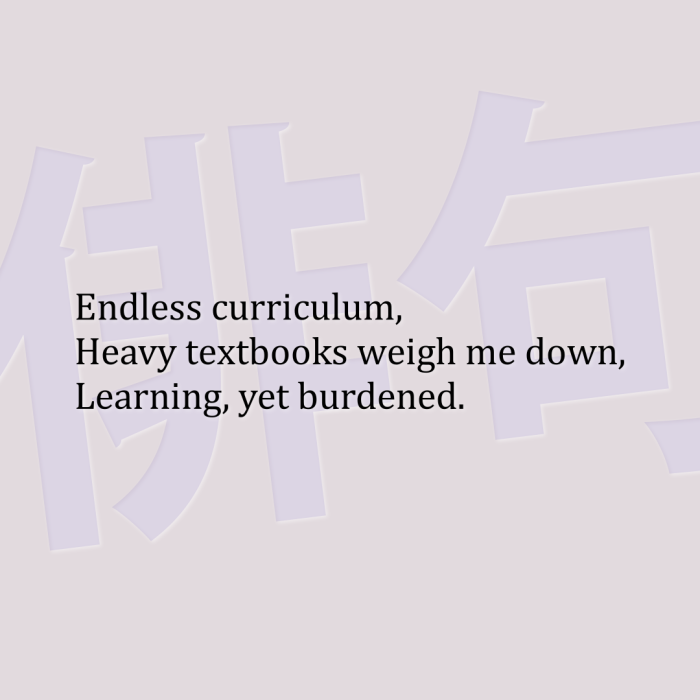 Endless curriculum, Heavy textbooks weigh me down, Learning, yet burdened.