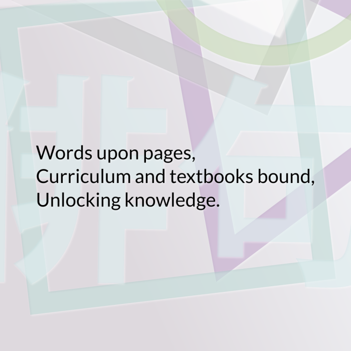 Words upon pages, Curriculum and textbooks bound, Unlocking knowledge.