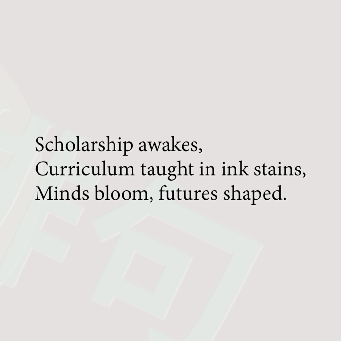 Scholarship awakes, Curriculum taught in ink stains, Minds bloom, futures shaped.