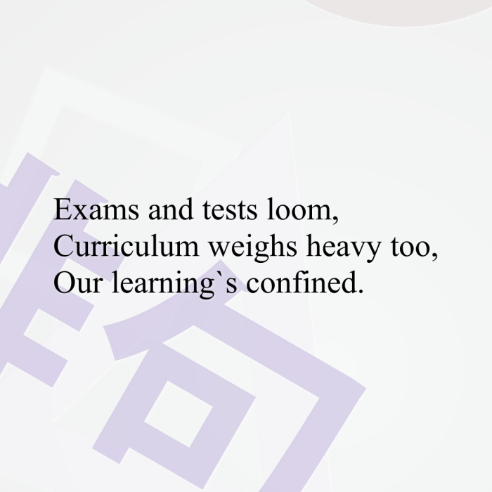 Exams and tests loom, Curriculum weighs heavy too, Our learning`s confined.