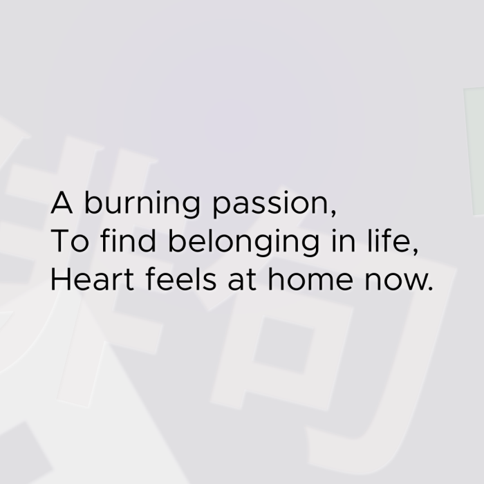 A burning passion, To find belonging in life, Heart feels at home now.