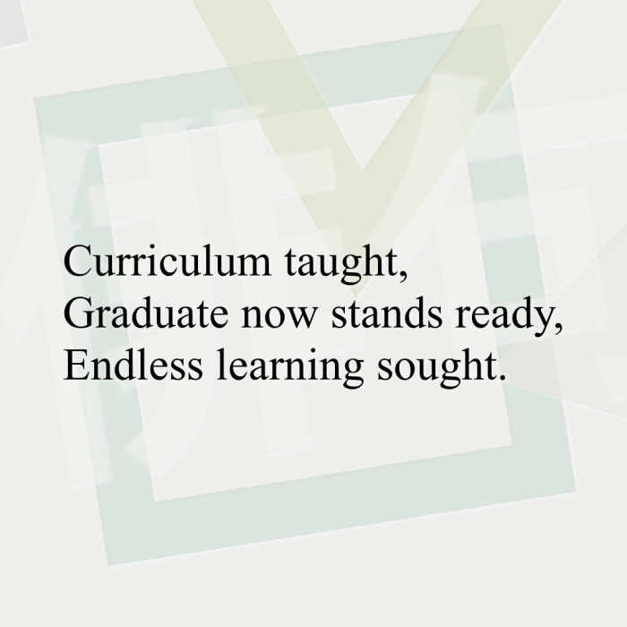 Curriculum taught, Graduate now stands ready, Endless learning sought.