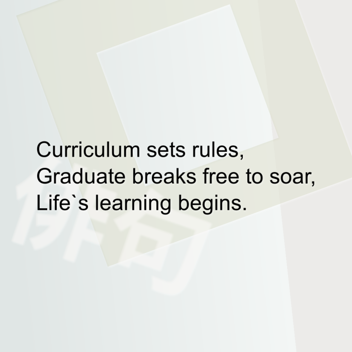 Curriculum sets rules, Graduate breaks free to soar, Life`s learning begins.