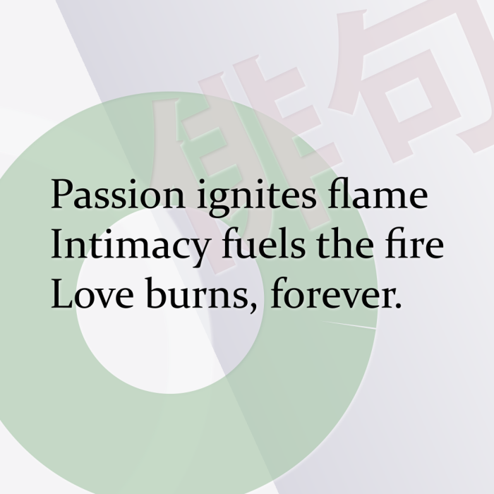 Passion ignites flame Intimacy fuels the fire Love burns, forever.