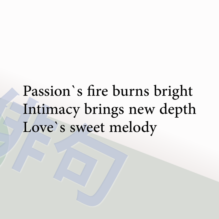 Passion`s fire burns bright Intimacy brings new depth Love`s sweet melody