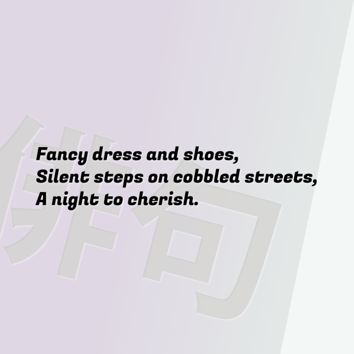 Fancy dress and shoes, Silent steps on cobbled streets, A night to cherish.