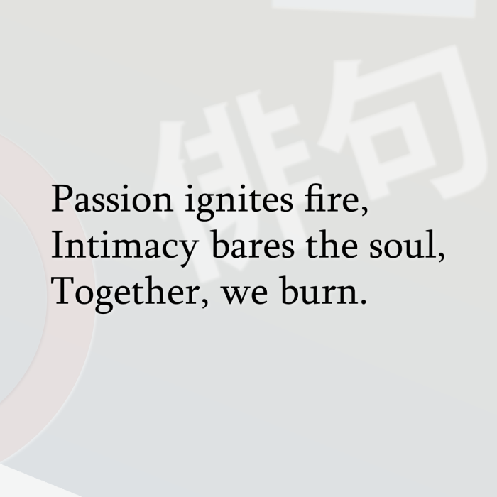 Passion ignites fire, Intimacy bares the soul, Together, we burn.