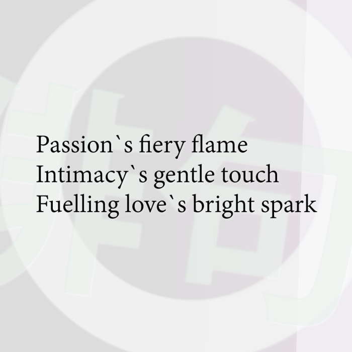 Passion`s fiery flame Intimacy`s gentle touch Fuelling love`s bright spark