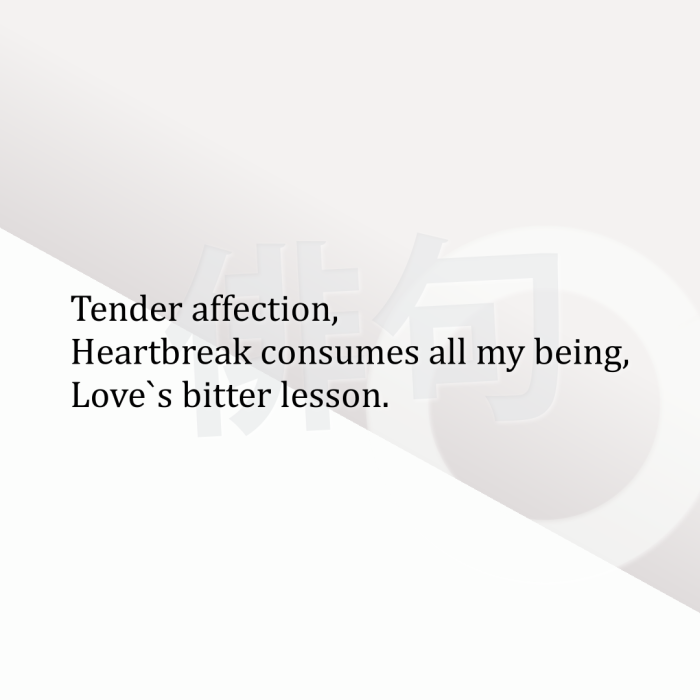 Tender affection, Heartbreak consumes all my being, Love`s bitter lesson.