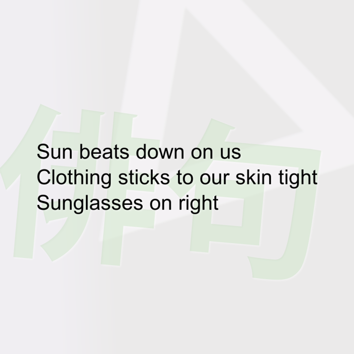 Sun beats down on us Clothing sticks to our skin tight Sunglasses on right