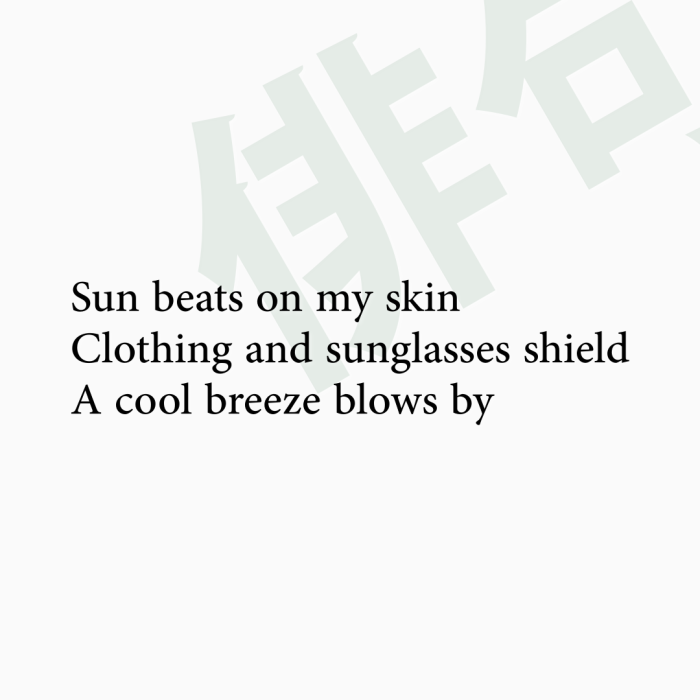 Sun beats on my skin Clothing and sunglasses shield A cool breeze blows by
