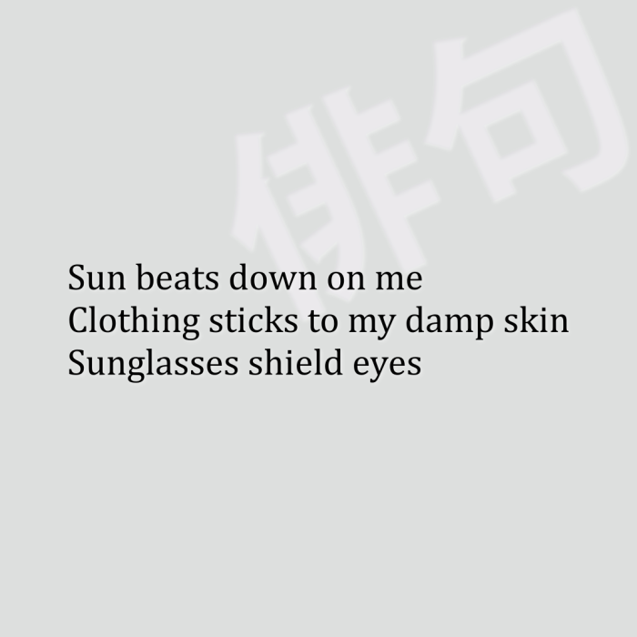 Sun beats down on me Clothing sticks to my damp skin Sunglasses shield eyes