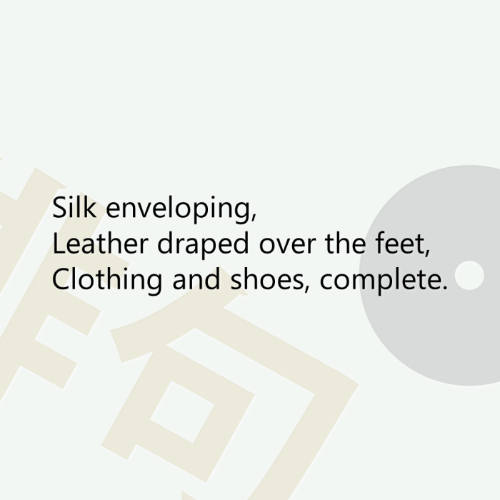 Silk enveloping, Leather draped over the feet, Clothing and shoes, complete.