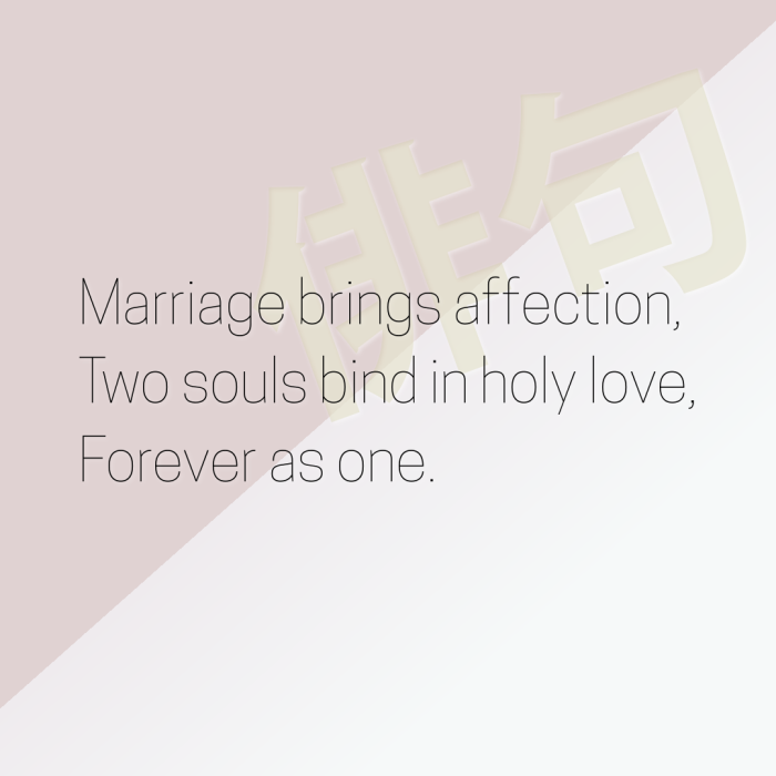 Marriage brings affection, Two souls bind in holy love, Forever as one.