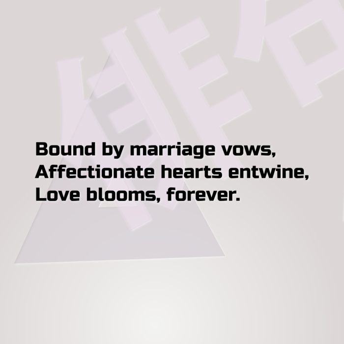 Bound by marriage vows, Affectionate hearts entwine, Love blooms, forever.