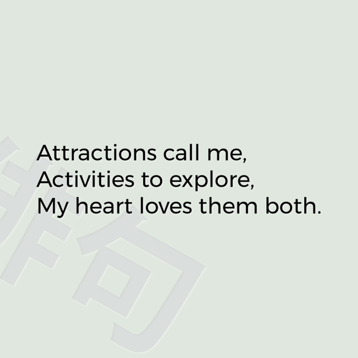Attractions call me, Activities to explore, My heart loves them both.