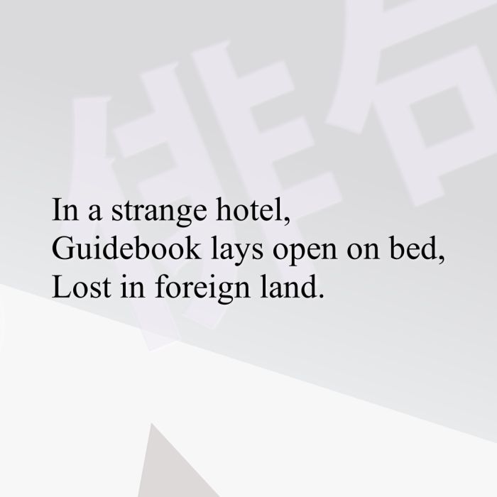 In a strange hotel, Guidebook lays open on bed, Lost in foreign land.