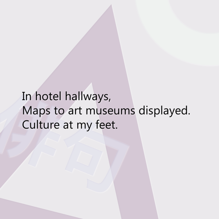 In hotel hallways, Maps to art museums displayed. Culture at my feet.