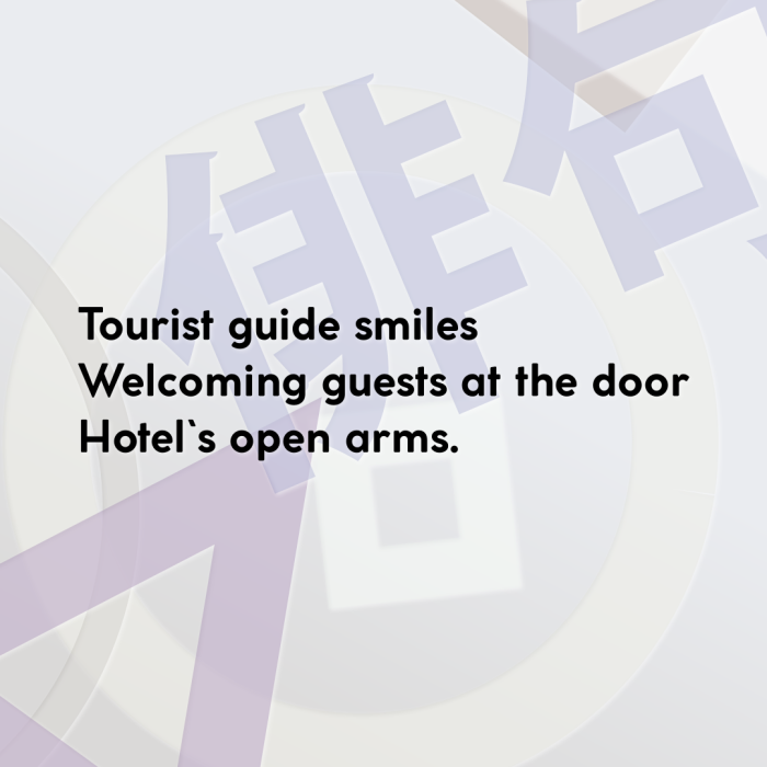 Tourist guide smiles Welcoming guests at the door Hotel`s open arms.