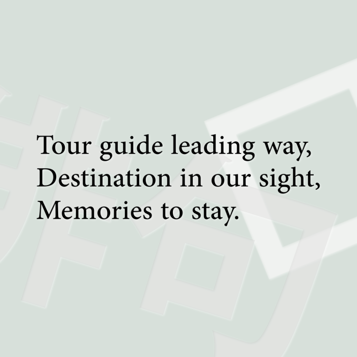 Tour guide leading way, Destination in our sight, Memories to stay.