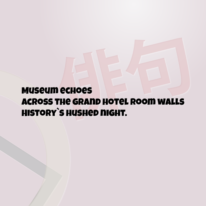 Museum echoes Across the grand hotel room walls History`s hushed night.