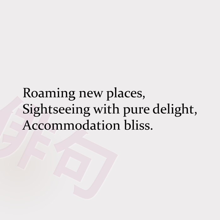 Roaming new places, Sightseeing with pure delight, Accommodation bliss.