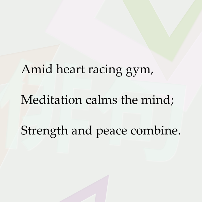 Amid heart racing gym, Meditation calms the mind; Strength and peace combine.