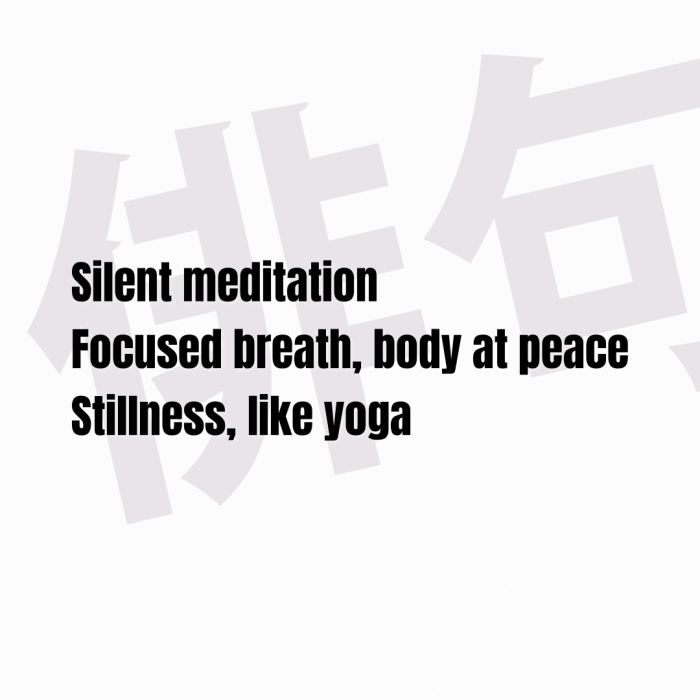 Silent meditation Focused breath, body at peace Stillness, like yoga